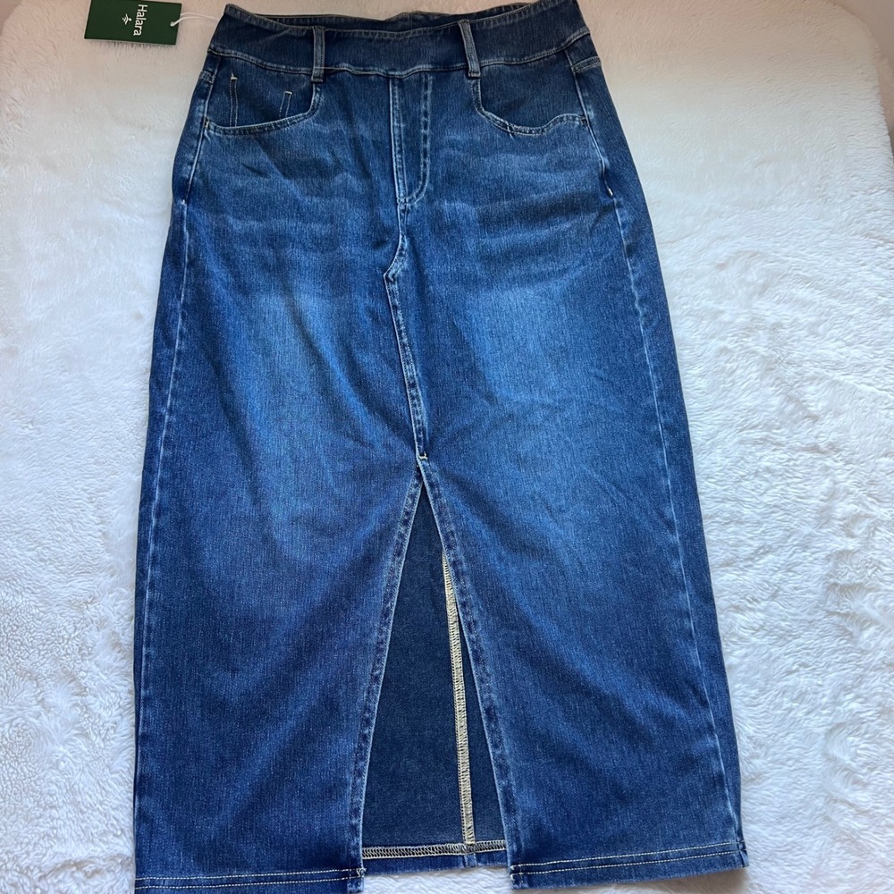Halara Blue Denim Midi Skirt High Waisted Front Slit Size Medium Regular NWT